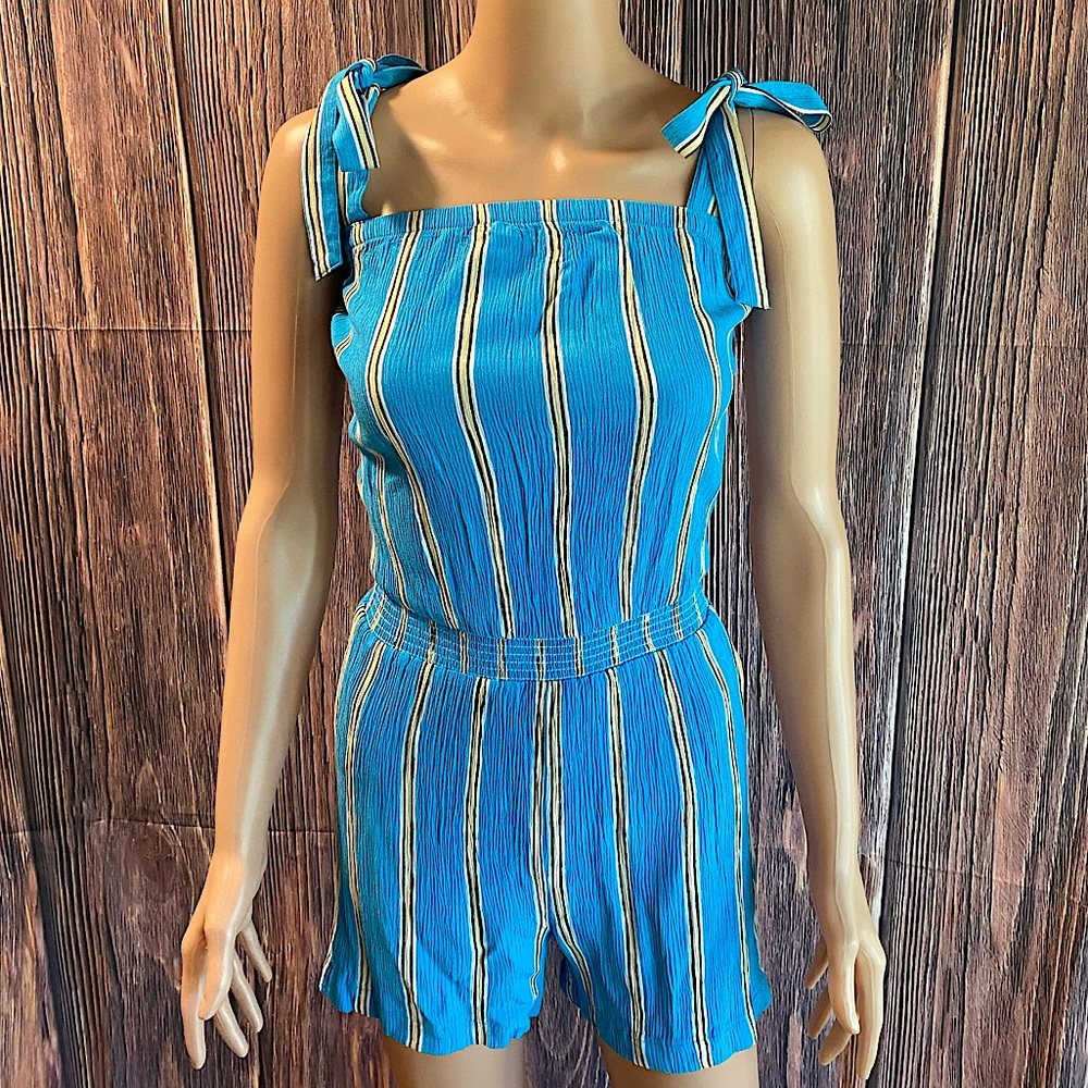 H & M size 2 striped electric blue & cream tan summer romper